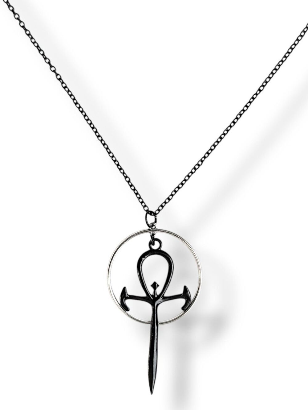 NWT Handmade Large Black Ankh Silver Hoop Layered Long Necklace